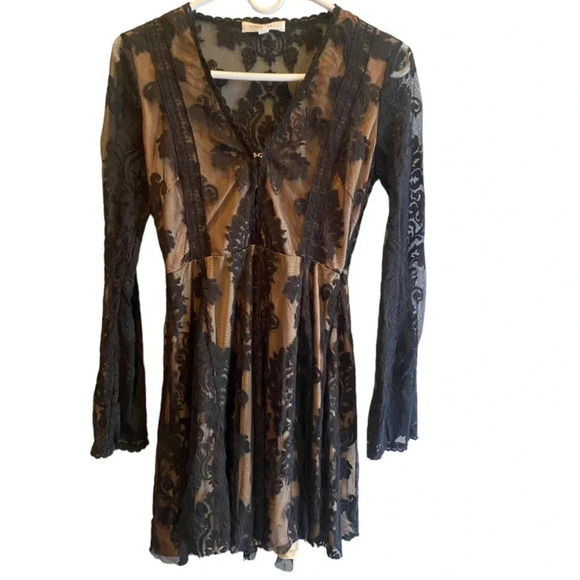 HONEY PUNCH WOMENS BLACK TAN LACE DRESS TOP BOTTOM WEDDING HOLIDAY DRESSY SIZE S - Picture 2 of 8